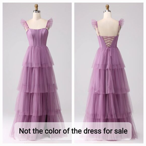 New Prom Dress (8) Dusty Rose A-Line Tulle Tiered Layered Long Dress with Slit - Picture 2 of 11
